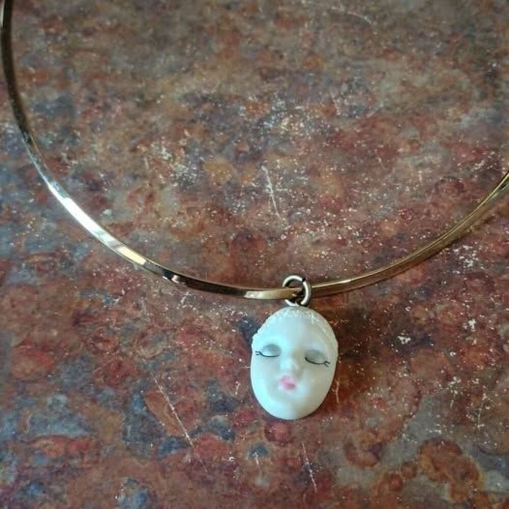 Vintage Gold Tone Choker with Porcelain Face Pendant signed by artist